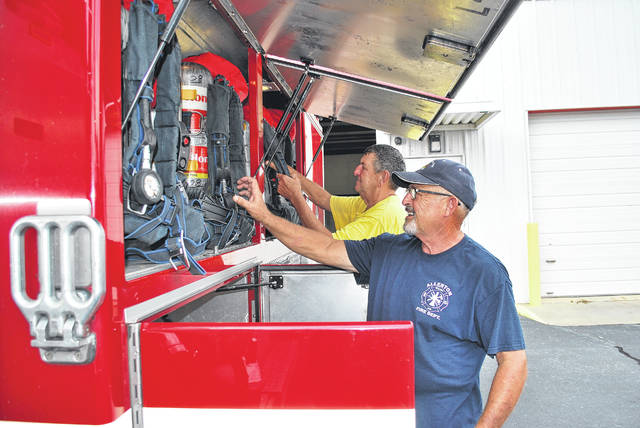 
			
				                                Allenton Volunteer Fire Department Assistant Fire Chief and board of directors President Steve Lewis, right, works Monday with Fire Chief Tom Taylor to inspect equipment on a fire truck. The department was inspected in April and has achieved a better fire rating, which means residents in its fire district will receive discount on homeowners insurance.
 
			
		