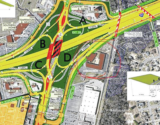 
			
				                                Shown is a portion of the map displaying a preliminary design plan for the Interstate 95 widening project set to begin in 2022. Circled is a property on Kahn Drive in Lumberton that will directly be affected by the project. Harry Jhala had planned to develop the property to add two hotels and three restaurants.
                                 Courtesy photo | NCDOT

			
		