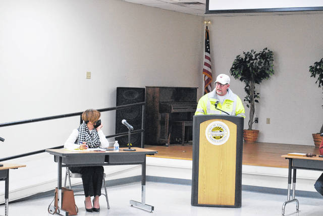 
			
				                                Fairmont Rural Fire Chief Rod Heasley, right, speaks Tuesday during a regular Fairmont Board of Commissioners meeting in the Fairmont-South Robeson Heritage Center as Town Attorney Jessica Scott listens. Heasley asked the town to allocate future funding to help pave three streets near the department.
 
			
		
