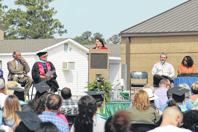 
			
				                                Concetta Bullard, the TRIO SSS Project director at The University of North Carolina at Pembroke, delivers the commencement speech Wednesday to Robeson Early College High School graduates. The graduation was held outdoors on the Robeson Community College grounds.
 
			
		