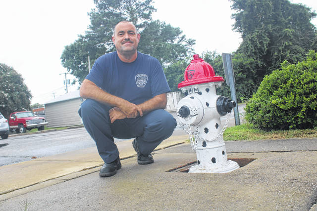 
			
				                                Fire Chief John Ammons squats next to a fire hydrant outside the Red Springs Fire Department that depicts a Dalmatian firefighter. The hydrant is one of six painted by his wife, Kim Ammons.
                                 Tomeka Sinclair | The Robesonian

			
		