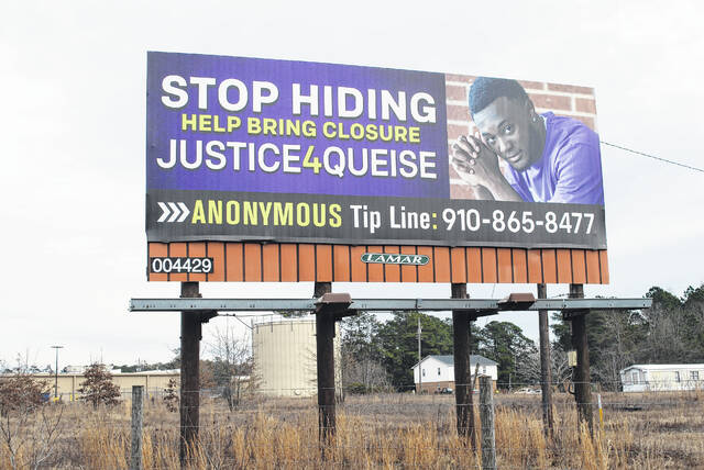 
			
				                                Shown is a billboard placed Monday near Exit 31 on Interstate 95 with the photo of Marqueise Coleman, who was fatally shot in July. His family is still seeking justice in the case. Anyone with information in the case is asked to call the Robeson County Sheriff’s Office at 910-671-3170 or St. Pauls Crime Stoppers at 910-865-8477.
 
			
		