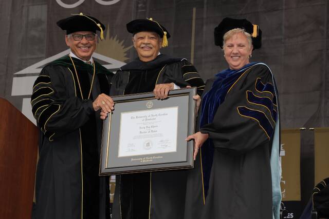 <p>Retired Lumbee Guaranty Bank CEO and 1972 graduate Larry Chavis was awarded an honorary doctorate during a special presentation at The University of North Carolina at Pembroke Spring Commencement. Chavis served as president and CEO for more than 30 years and was inducted into the North Carolina Banking Hall of Fame in 2021.</p>