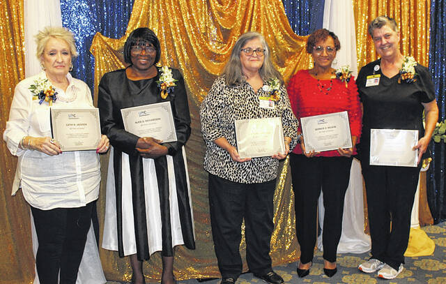 
			
				                                Forty-year service award honorees are, from left, Respiratory Therapist Cathy Jackson, Inpatient Clinical Assistant Alice Richardson, Pharmacy Tech Martha J. Ammons, Supervisor Bernice Wilson, and Secretary Janet Hester. Not pictured is Laboratory Manager Elizabeth Ammons.
                                 Courtesy photos | UNC Health Southeastern

			
		