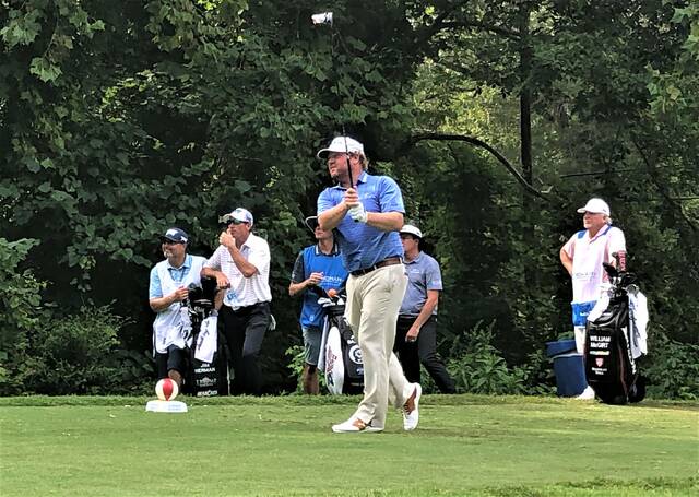 <p>William McGirt hits his tee shot at the fourth hole during the first round of the Wyndham Championship Thursday in Greensboro.</p>
                                 <p>Chris Stiles | The Robesonian</p>
