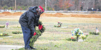 
			
				                                Walter Smith, of the Veterans of Foreign Wars Post 8969, places a wreath on the grave of a veteran at the Gardens of Faith Cemetery in Lumberton.
 
			
		