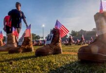 
			
				                                The Fort Bragg’s Directorate of Family and Morale, Welfare and Recreation, and Survivor Outreach Service office organized a boot laying memorial display at Hedrick Stadium earlier this week. The memorial displayed more than 7,000 boots representing fallen service members.
 
			
		
