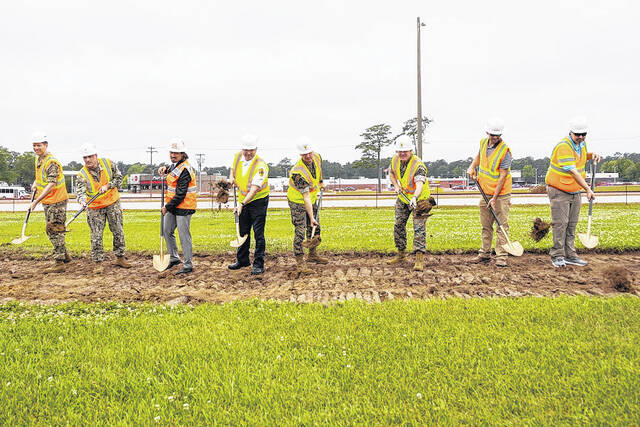 <p>Marine Corps Air Station (MCAS) Cherry Point leaders and representatives from the Office in Charge of Construction (OICC) Florence and Whiting-Turner Contracting Company break ground during the groundbreaking ceremony for Military Construction Project 142 at MCAS Cherry Point, May 31, 2023. Actual construction got underway for P-142B in April 2023, which is for the satellite fire station facility that will be 16,000 square feet. The introduction of these new facilities will significantly enhance MCAS Cherry Point’s Fire Department and Emergency Services ability to protect those who defend America and improve the air station’s resiliency in the face of adversity.</p>
                                 <p>Cpl. Noah Braswell | U.S. Marine Corps</p>