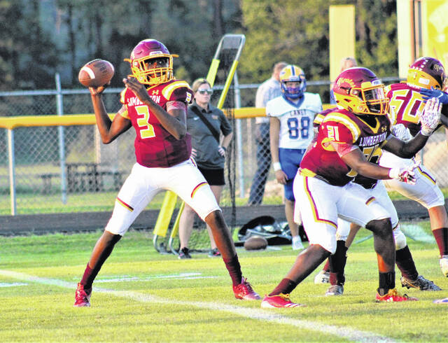 
			
				                                Lumberton’s Travon Moore (3) looks to pass during a Sept. 2, 2022 game against Laney in Lumberton.
                                 Mark Moses | Special to The Robesonian

			
		