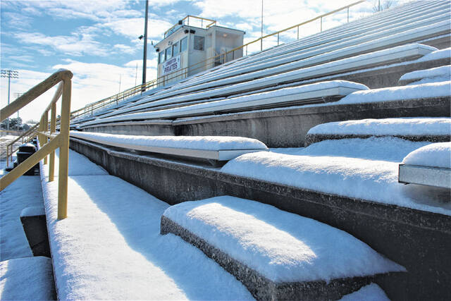 
			
				                                Alton G. Brooks Stadium at Lumberton High School is covered in snow on Jan. 22, 2022, after about two to three inches of snow fell in the area.
                                 Chris Stiles | The Robesonian

			
		