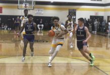 
			
				                                Fairmont’s Landon Cummings (10) dribbles past West Bladen’s Tyleak Bullard (21) and Jackson Pait (1) during a Feb. 13 game in Fairmont. The teams will meet for a third time this season in Friday’s second-round 2A state playoff game.
                                 Chris Stiles | The Robesonian

			
		