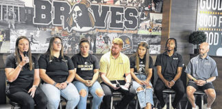 
			
				                                UNC Pembroke golf coach Hannah Luckett, left, speaks as, from left, golfer Chessa Lee, Spirit Squad coach Kristen Freeman, moderator Alex Pearce, Spirit Squad member Madison Horne, track athlete Delsin Burkhart and track coach Peter Orsmby listen during the UNCP Coaches Show Monday at Wing Company in Pembroke.
                                 Chris Stiles | The Robesonian

			
		