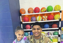 
			
				                                Sgt. Jeremiah Sutton, of the U.S. Army 82nd Airborne Division, attended Peterson Elementary School’s Month Military Child Celebration with his daughter Alice, who attends the school.
                                 Courtesy PSRC

			
		