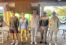 
			
				                                Members of the All-Conference First Team were recognized after Monday’s United-8 Conference golf match at Gates Four in Fayetteville. The team includes Lumberton’s Daniel Zeng, second from left, and Purnell Swett’s Logan Locklear, second from right; other first-team selections include Gray’s Creek’s Will Walters, Cape Fear’s Tyler Eavenson and Jack Britt’s Mitchell Petros.
                                 Contributed photo | Bryant Edwards

			
		