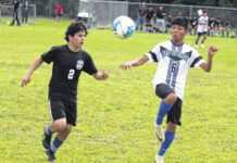
			
				                                Lumberton Jr. High’s Ben Garcia (2) and Red Springs’ Johnathan Maricio (6) battle for possession during Tuesday’s Robeson County middle school championship in Lumberton.
                                 Chris Stiles | The Robesonian

			
		