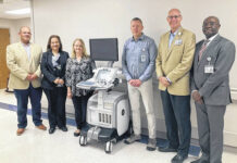 
			
				                                Pictured at the equipment presentation, from left, were Robeson Community College Vice President of Workforce Development/Continuing Education Eric Freeman, RCC President Melissa Singler, RCC Medical Sonography Program Director Lindsay Norris, RCC Ultrasound Student Program Medical Director and UNC Health Southeastern Radiologist Dr. Jeffrey Zapawa, UNC Health Southeastern President/CEO Chris Ellington and Vice President/Chief Engagement Officer Patrick Ebri, who oversees the Medical Imaging for the health system.
 
			
		