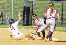 
			
				                                Lumberton’s Alyssa Stone, center, fields a throw as Wakefield’s Brenna Colleran (4) slides into second base during Thursday’s 4A third-round state playoff game in Raleigh.
                                 Chris Stiles | The Robesonian

			
		