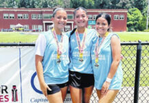 
			
				                                Purnell Swett’s Brooklyn Jones, left, Kyndallon Oxendine, center, and Sarah Hunt, right, take a photo after their North team won the championship at the BodyArmor State Games girls soccer tournament Sunday in Charlotte.
                                 Contributed photos

			
		
