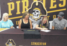 
			
				                                Lumberton’s Kylie Brigman, center right, signs to wrestle collegiately at Randolph College during a ceremony Thursday in Lumberton. She is pictured with her grandmother Sue Hicks, left, her mother Amanda Brigman, center left, and her father Brian Brigman, right.
                                 Chris Stiles | The Robesonian

			
		
