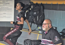 
			
				                                Lumberton coach Mackie Register, right, and player Kaela Ortt, left, look on during the May 5, 2023 United-8 Conference Tournament championship against Cape Fear in Lumberton.
                                 Chris Stiles | The Robesonian

			
		